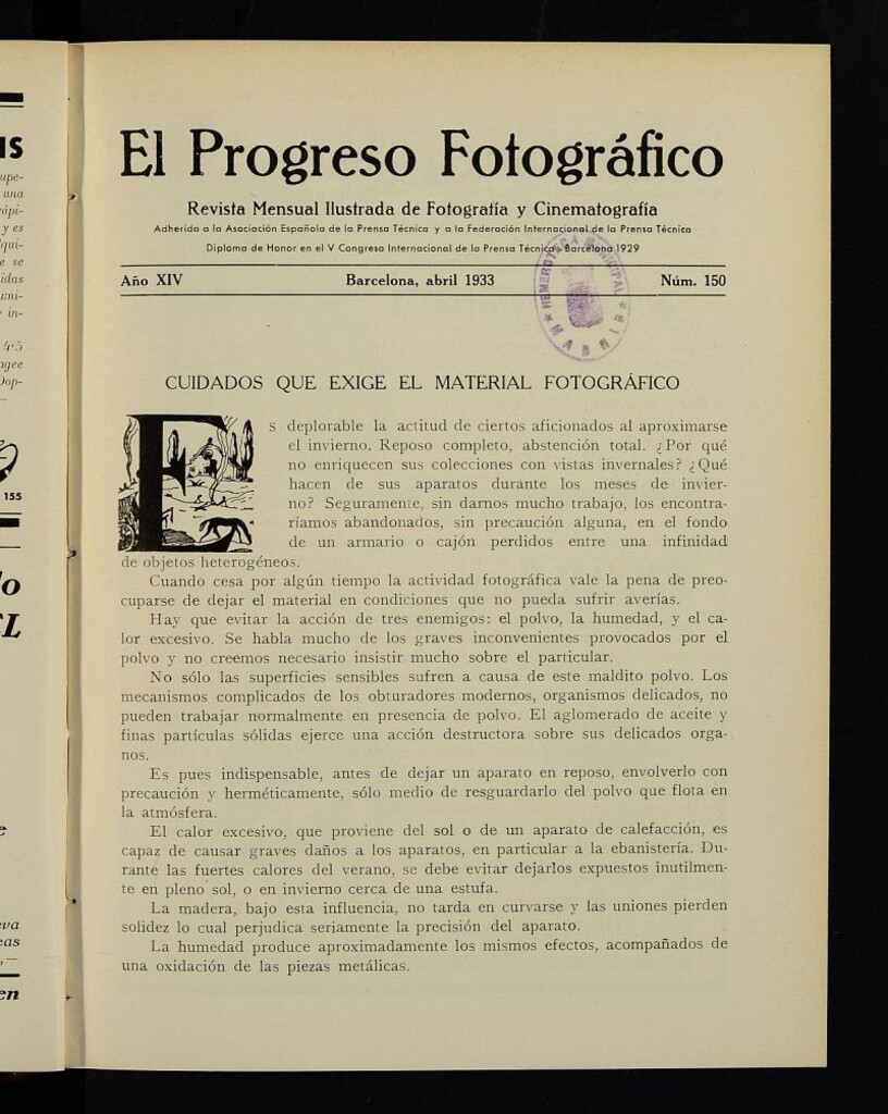Miniatura de El Progreso Fotográfico : revista mensual ilustrada de fotografía y cinematografía. Año XIV, abril de 1933, nº 150
