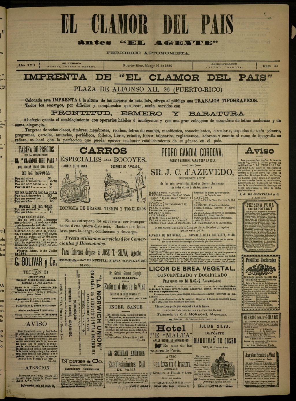 Miniatura de El Clamor del País del 16 de marzo de 1889, nº 33