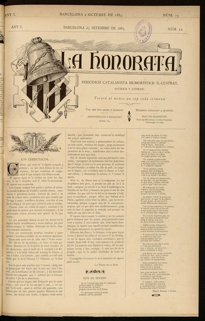Miniatura de La Honorata : periodich catalanista humorístich il-lustrat, satirich y literari de 25 de Septiembre de 1885