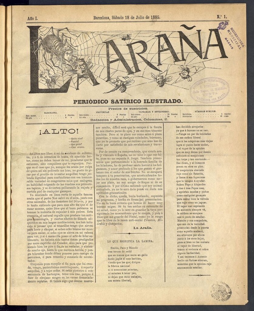 Miniatura de La Araña: periódico satírico ilustrado de 18 de julio de 1885