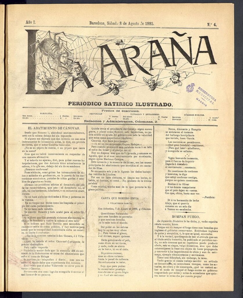 Miniatura de La Araña: periódico satírico ilustrado de 8 de agosto de 1885