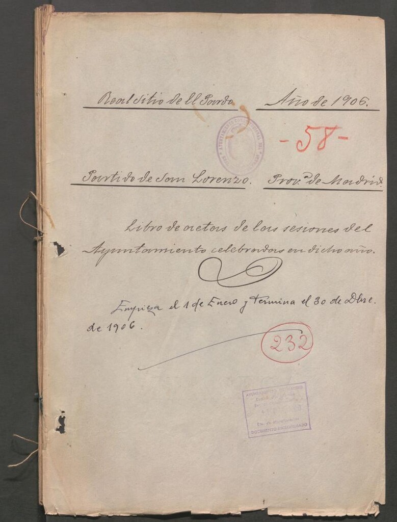 Miniatura de Actas y acuerdos del ayuntamiento de El Pardo de 1906. Libro 232.