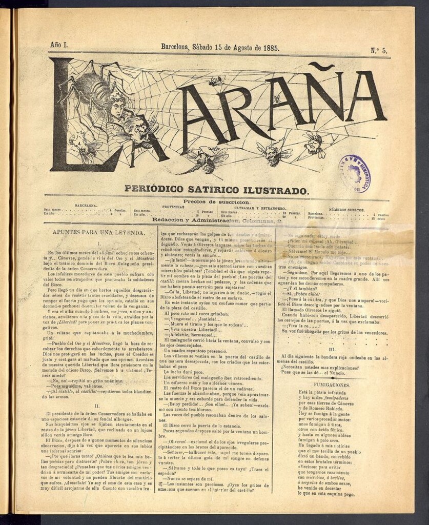 Miniatura de La Araña: periódico satírico ilustrado de 15 de agosto de 1885