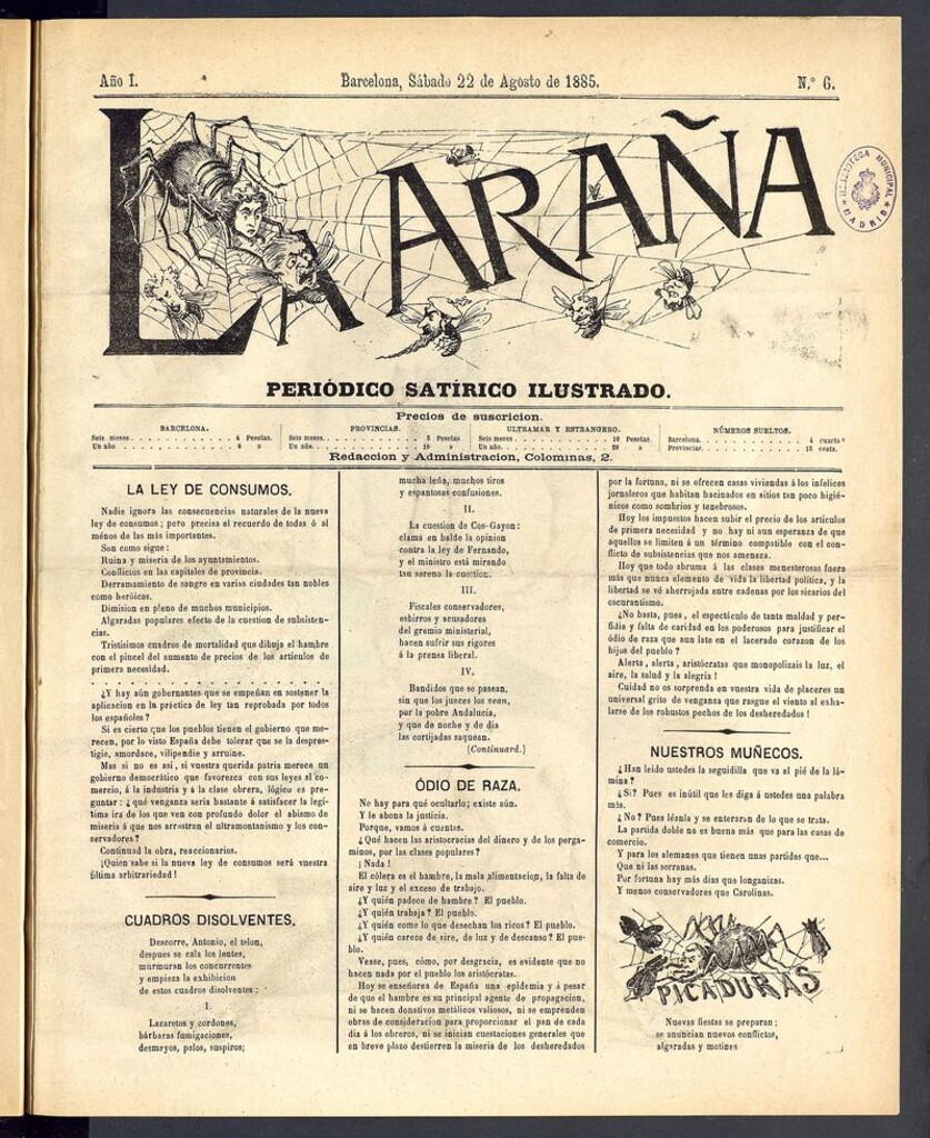 Miniatura de La Araña: periódico satírico ilustrado de 22 de agosto de 1885