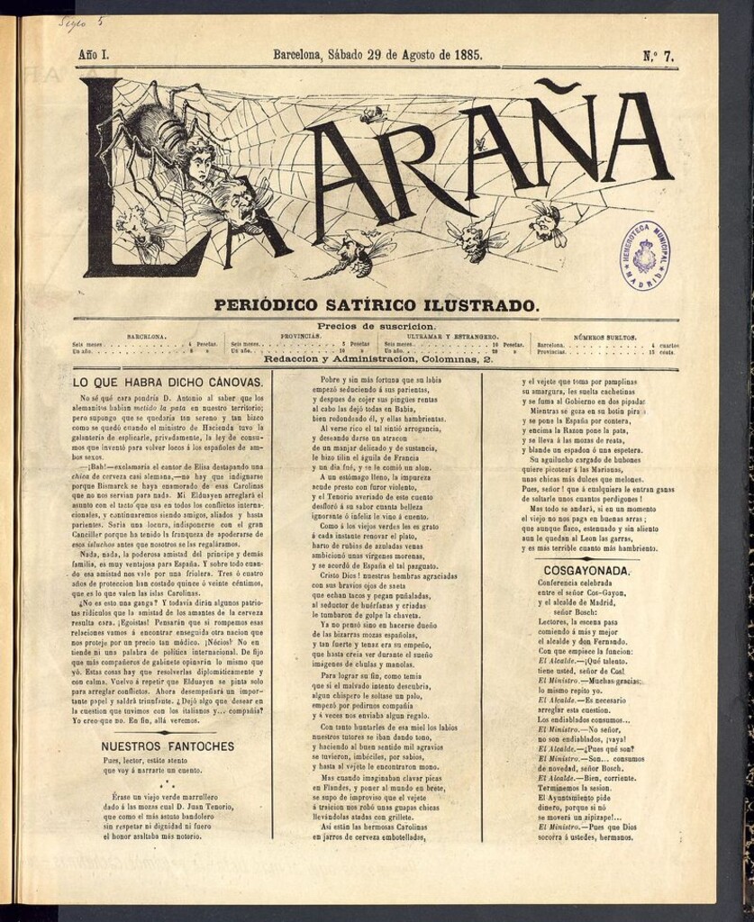 Miniatura de La Araña: periódico satírico ilustrado de 29 de agosto de 1885