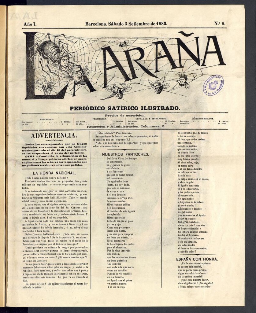Miniatura de La Araña: periódico satírico ilustrado de 5 de septiembre de 1885