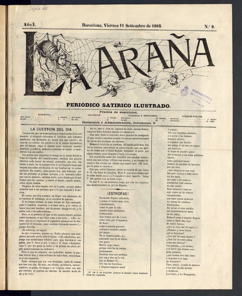 Miniatura de La Araña: periódico satírico ilustrado de 11 de septiembre de 1885