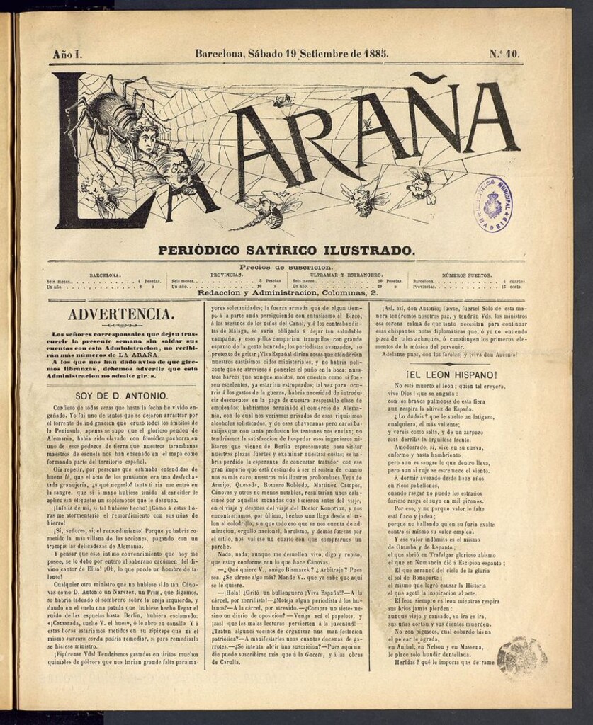 Miniatura de La Araña: periódico satírico ilustrado de 19 de septiembre de 1885