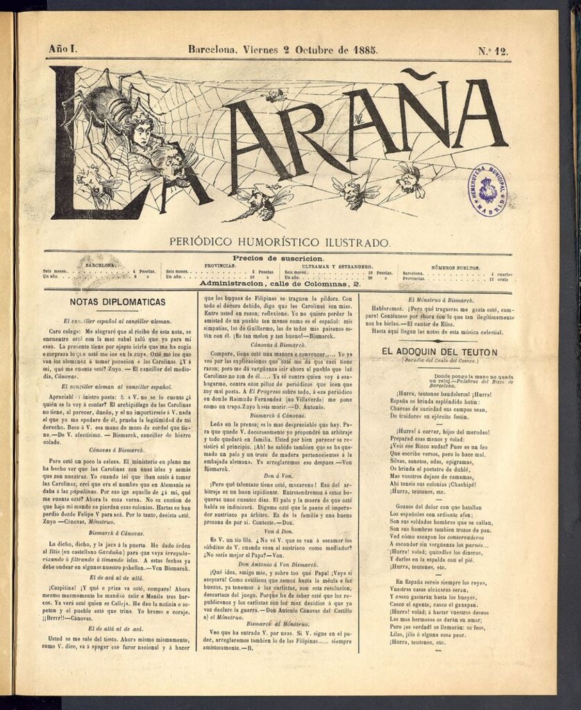 Miniatura de La Araña: periódico satírico ilustrado de 2 de octubre de 1885