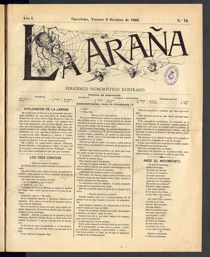 Miniatura de La Araña: periódico satírico ilustrado de 9 de octubre de 1885