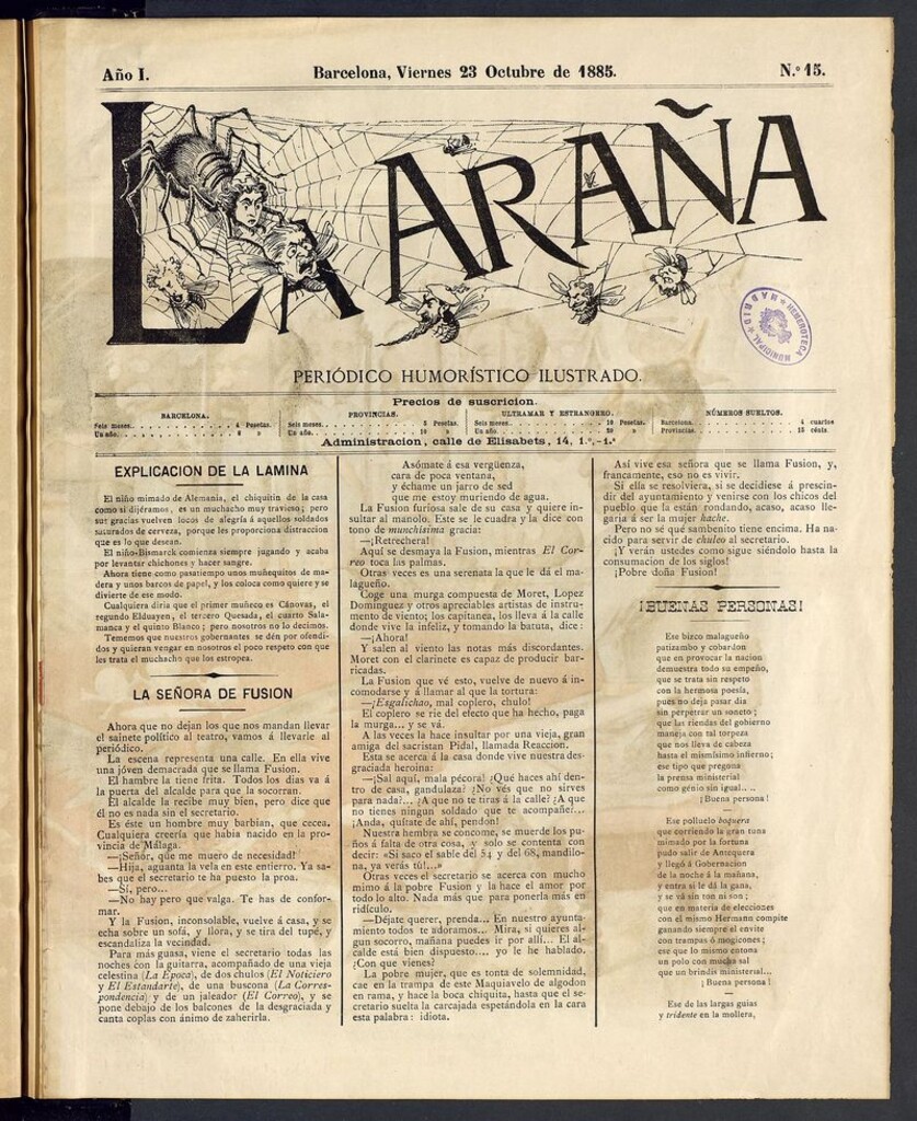 Miniatura de La Araña: periódico satírico ilustrado de 23 de octubre de 1885