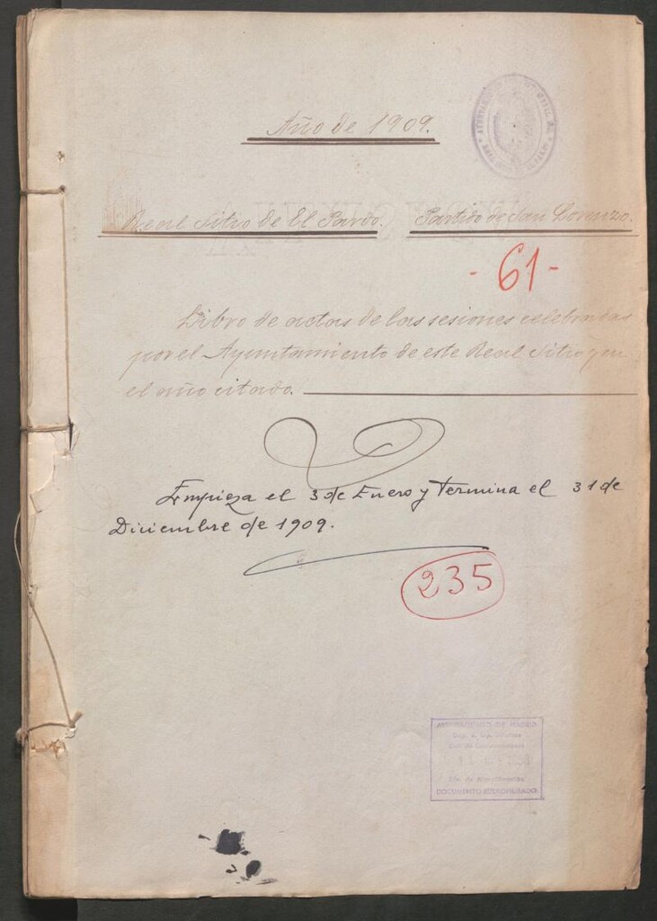 Miniatura de Actas y acuerdos del ayuntamiento de El Pardo de 1909. Libro 235.