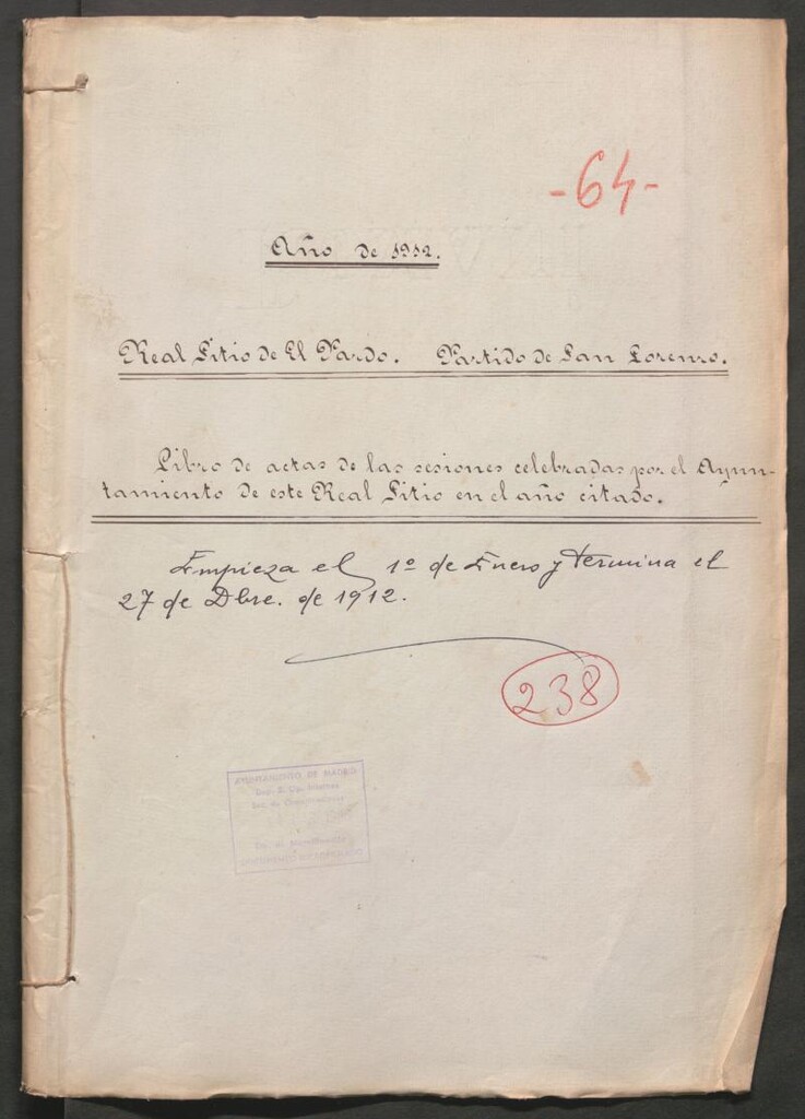 Miniatura de Actas y acuerdos del ayuntamiento de El Pardo de 1912. Libro 238.
