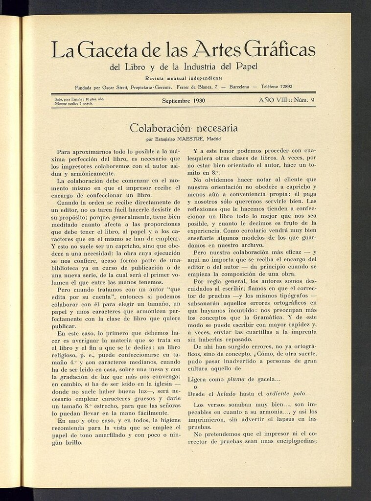 Miniatura de La gaceta de las artes gráficas del libro y de la industria del papel. Septiembre 1930