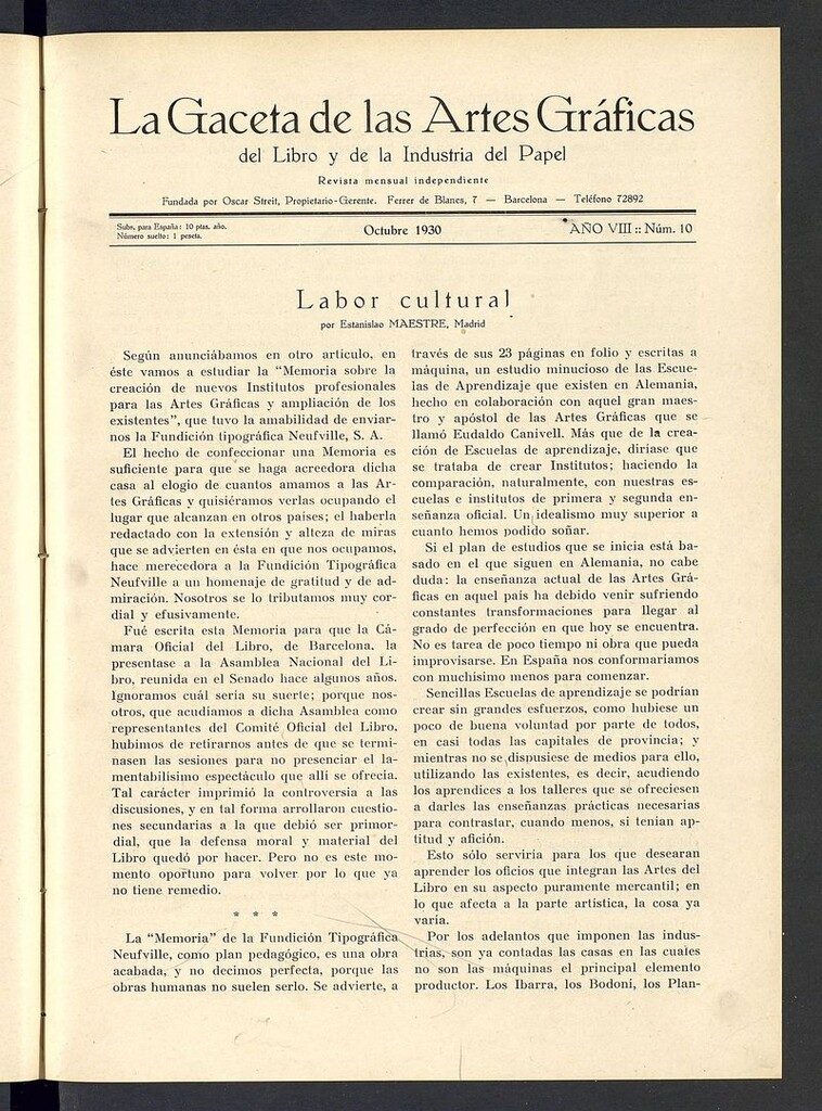 Miniatura de La gaceta de las artes gráficas del libro y de la industria del papel. Octubre 1930