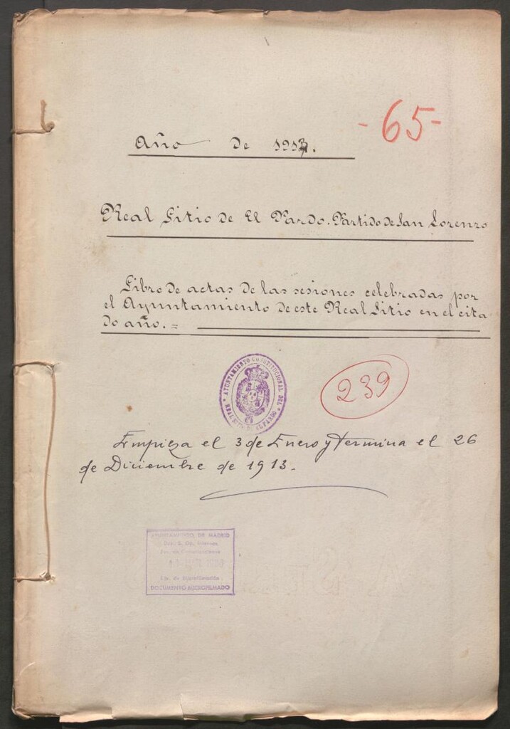 Miniatura de Actas y acuerdos del ayuntamiento de El Pardo de 1913. Libro 239.