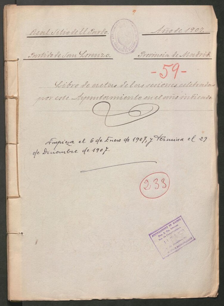 Miniatura de Actas y acuerdos del ayuntamiento de El Pardo de 1907. Libro 233.