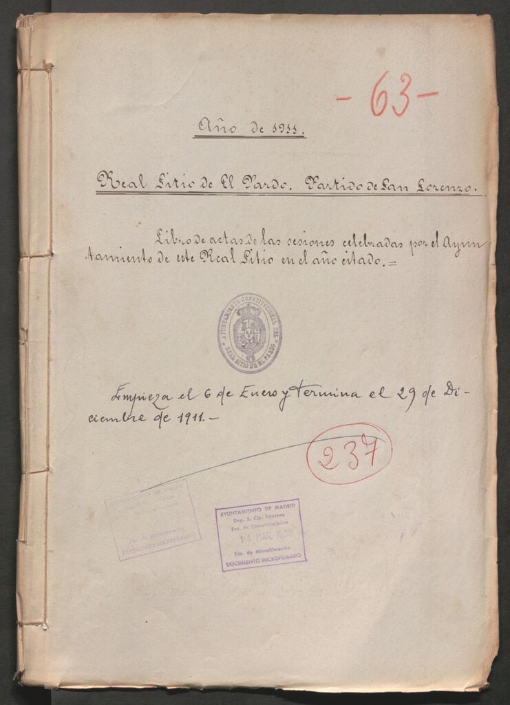 Miniatura de Actas y acuerdos del ayuntamiento de El Pardo de 1911. Libro 237.
