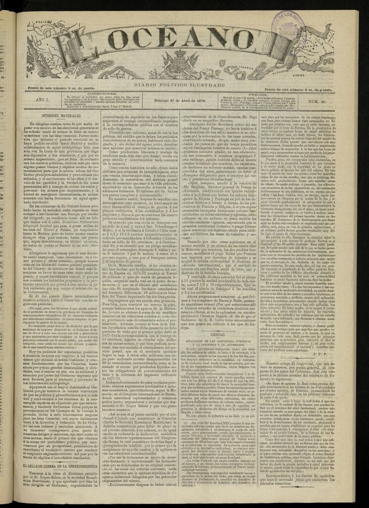 Miniatura de El Océano: periódico político ilustrado del 27 de abril de 1879, nº 46