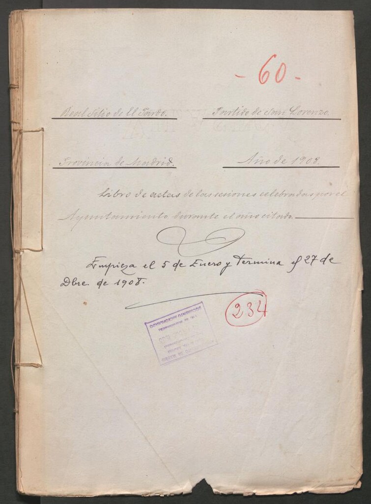 Miniatura de Actas y acuerdos del ayuntamiento de El Pardo de 1908. Libro 234.