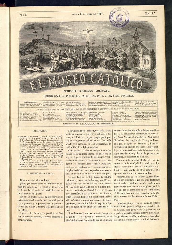 Miniatura de El Museo Católico: periódico religioso ilustrado del 8 de julio de 1867, nº 1