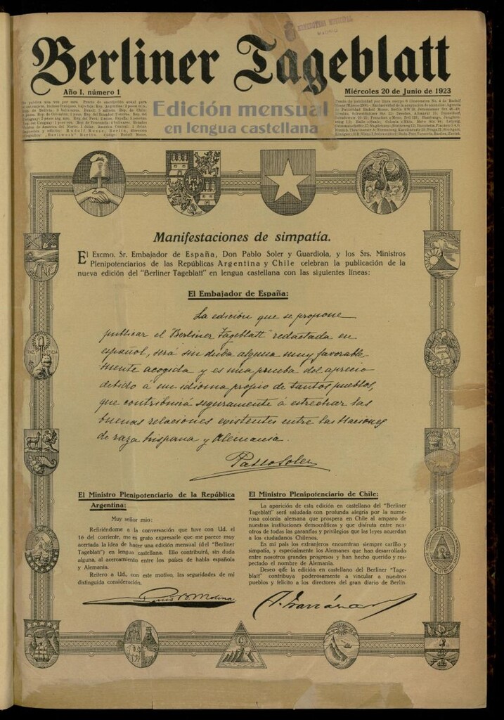 Miniatura de Berliner Tageblatt: edición mensual en lengua castellana del 20 de junio de 1923, nº 1
