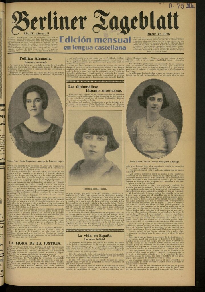 Miniatura de Berliner Tageblatt: edición mensual en lengua castellana de marzo de 1926, nº 3