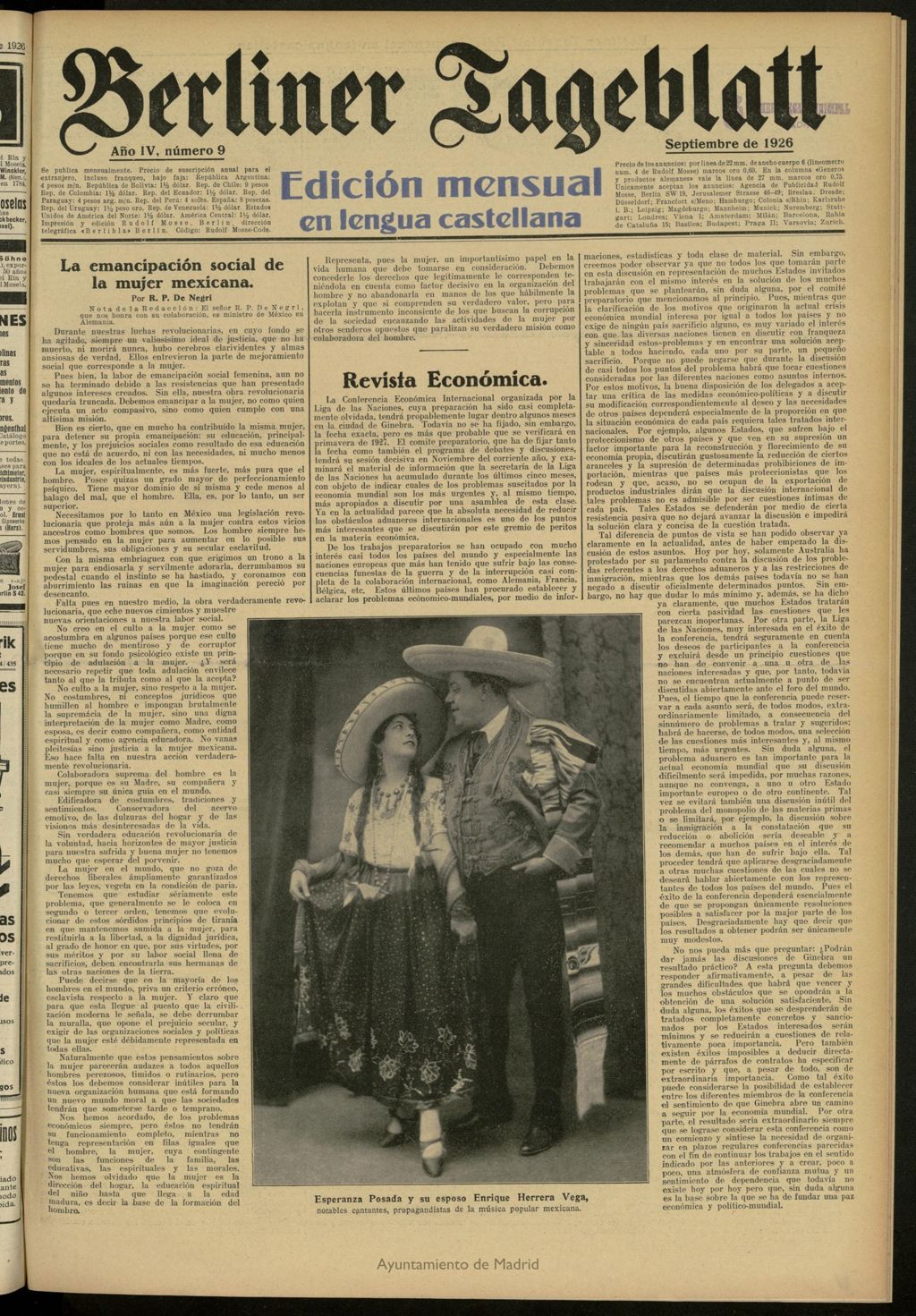 Miniatura de Berliner Tageblatt: edición mensual en lengua castellana de septiembre de 1926, nº 9