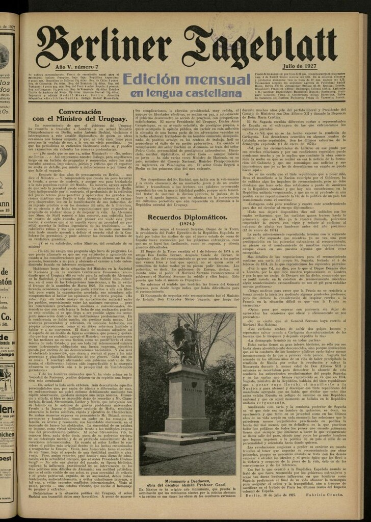 Miniatura de Berliner Tageblatt: edición mensual en lengua castellana de julio de 1927, nº 7