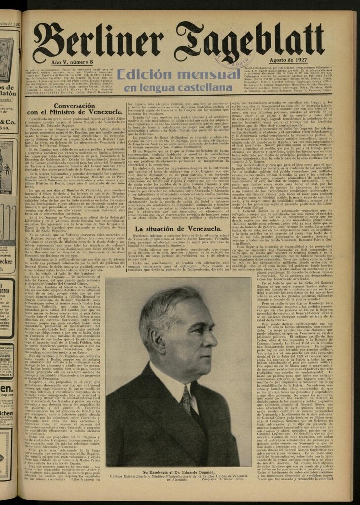 Miniatura de Berliner Tageblatt: edición mensual en lengua castellana de agosto de 1927, nº 8