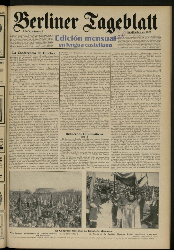 Miniatura de Berliner Tageblatt: edición mensual en lengua castellana de septiembre de 1927, nº 9