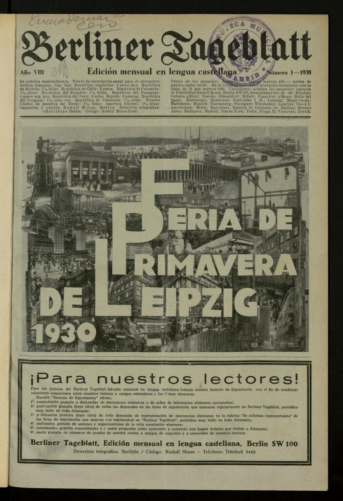 Miniatura de Berliner Tageblatt: edición mensual en lengua castellana de enero de 1930, nº 1