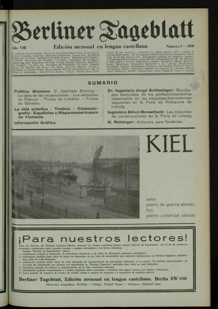 Miniatura de Berliner Tageblatt: edición mensual en lengua castellana de marzo de 1930, nº 3