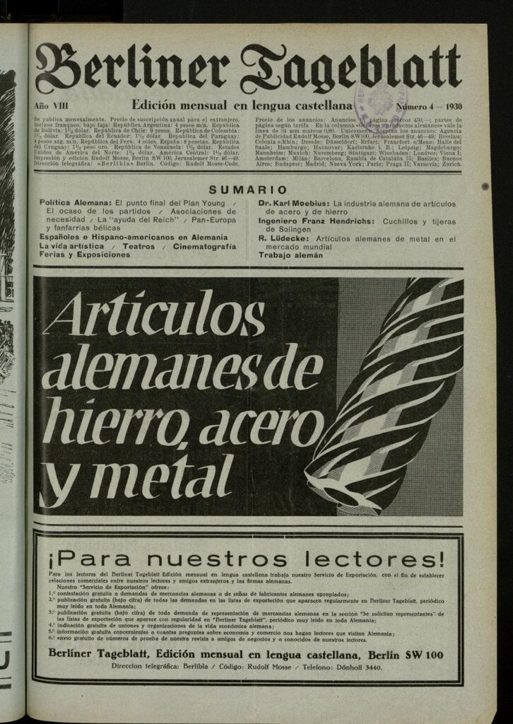 Miniatura de Berliner Tageblatt: edición mensual en lengua castellana de abril de 1930, nº 4