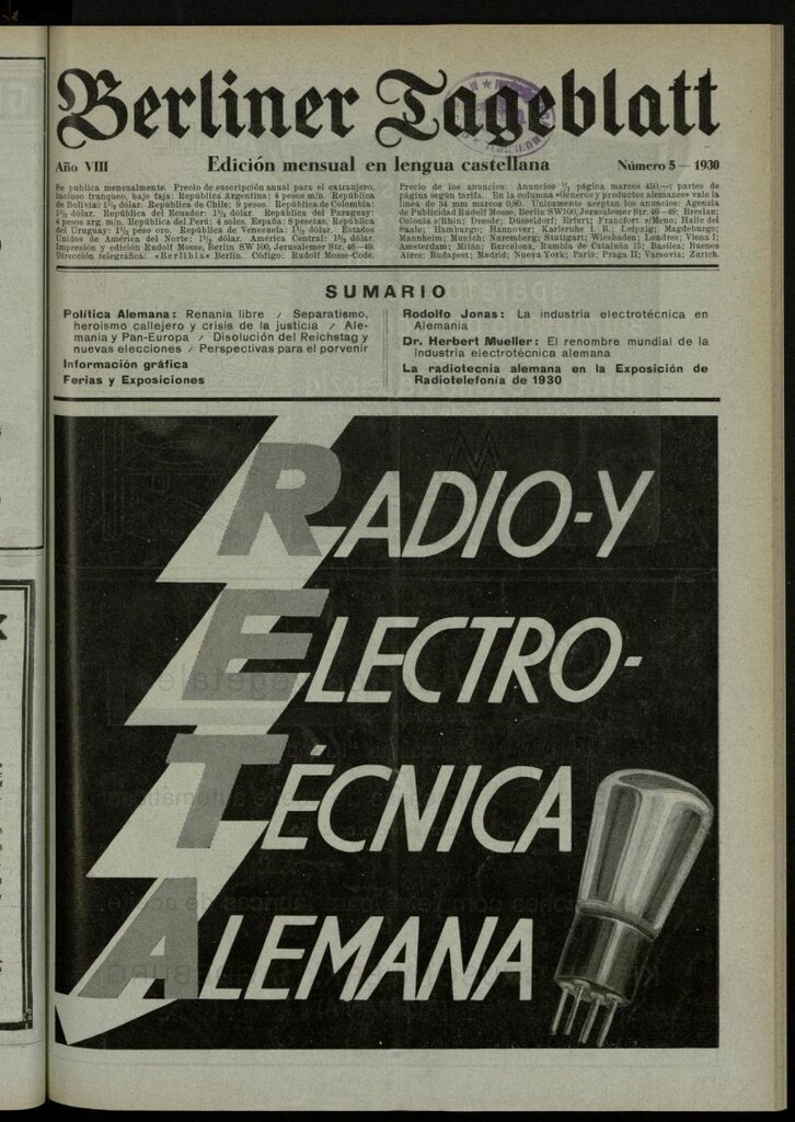 Miniatura de Berliner Tageblatt: edición mensual en lengua castellana de mayo de 1930, nº 5