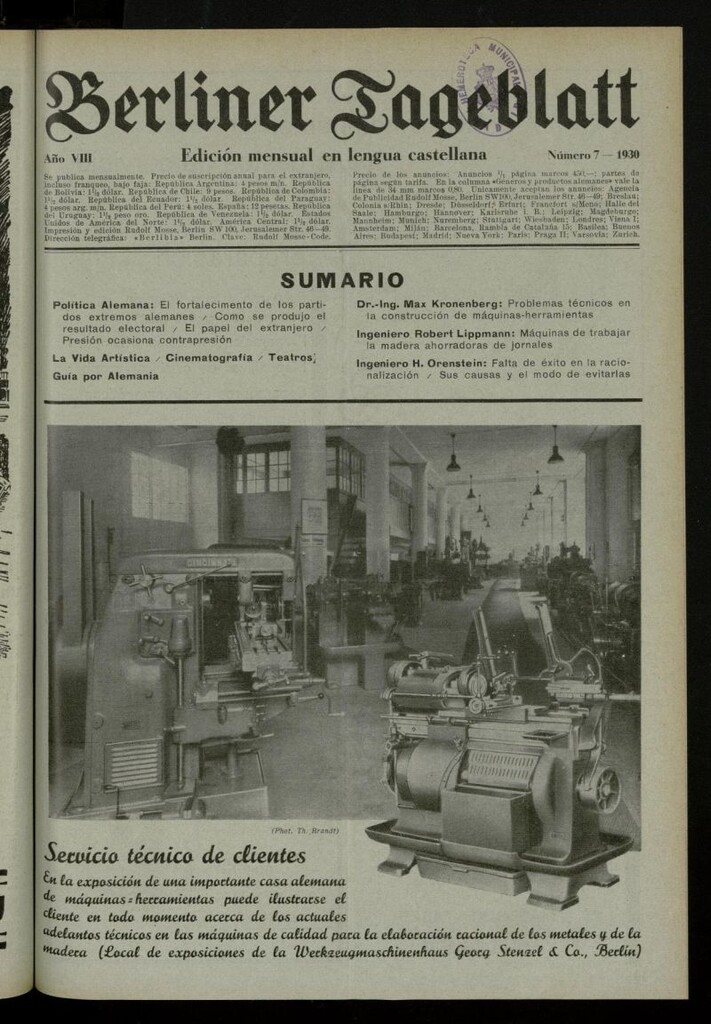 Miniatura de Berliner Tageblatt: edición mensual en lengua castellana de julio de 1930, nº 7