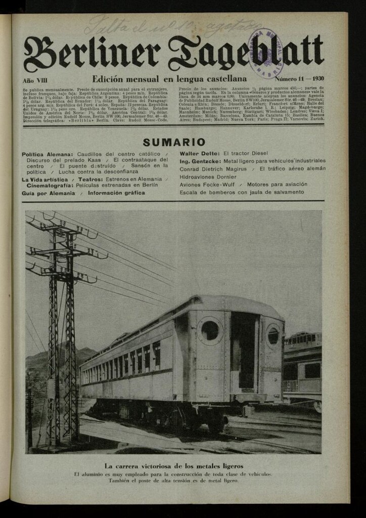 Miniatura de Berliner Tageblatt: edición mensual en lengua castellana de noviembre de 1930, nº 11