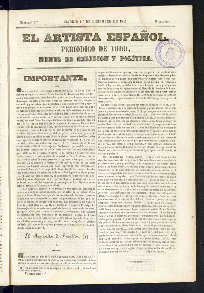 Miniatura de El Artista Español del 1 de diciembre de 1844, nº 5