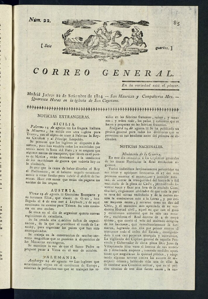 Miniatura de Correo General del 22 de septiembre de 1814, nº 22