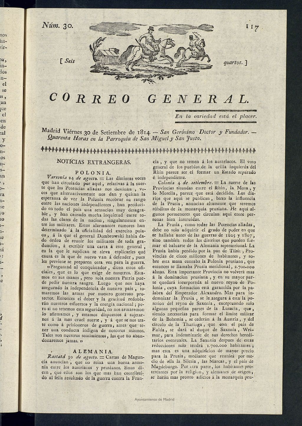 Miniatura de Correo General del 30 de septiembre de 1814, nº 30