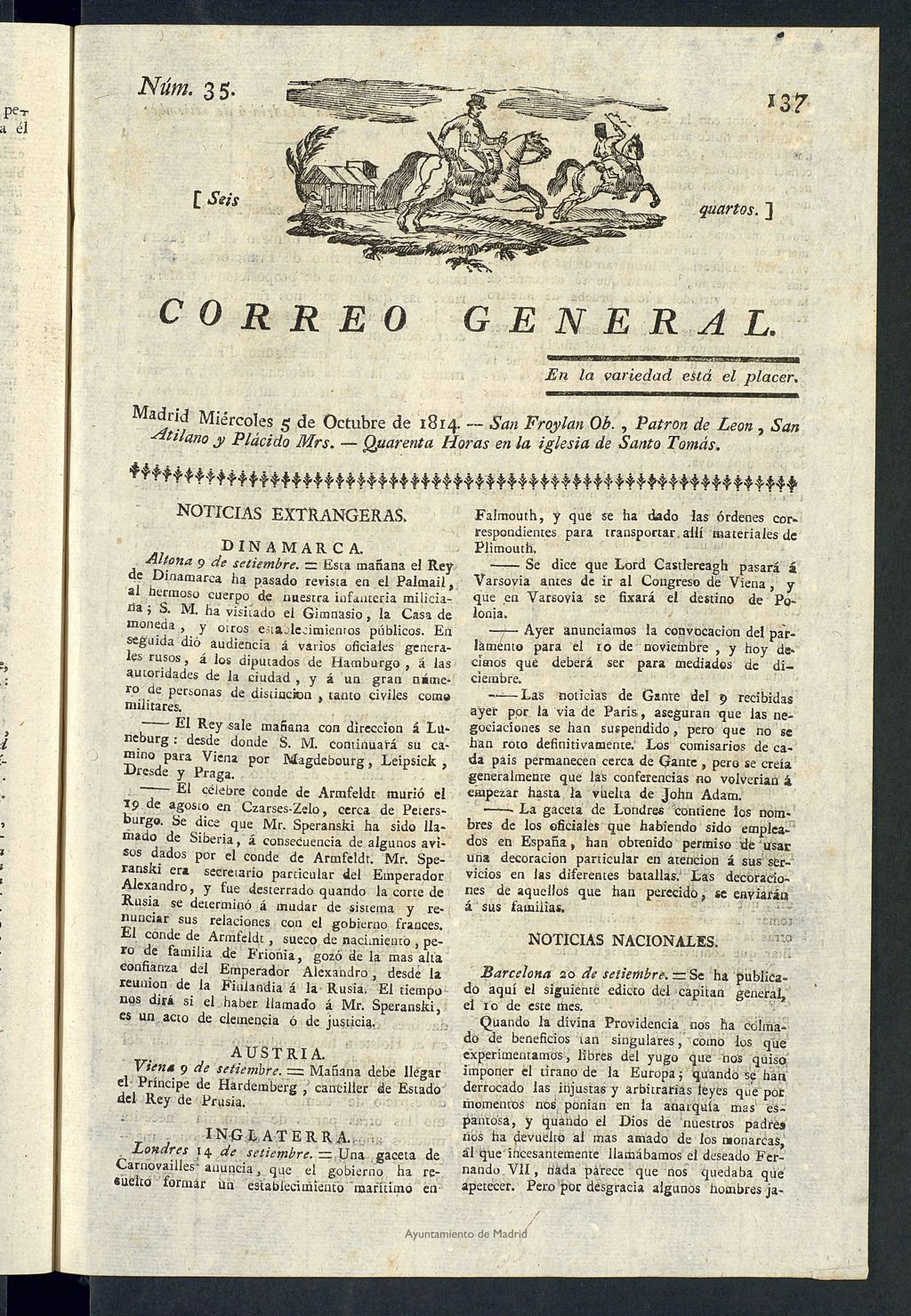 Miniatura de Correo General del 5 de octubre de 1814, nº 35