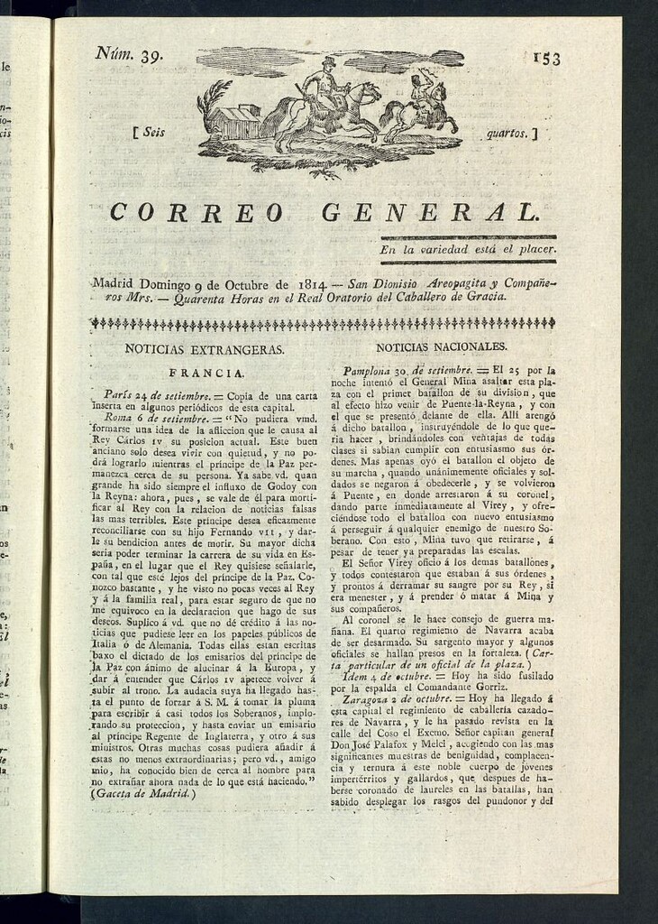 Miniatura de Correo General del 9 de octubre de 1814, nº 39