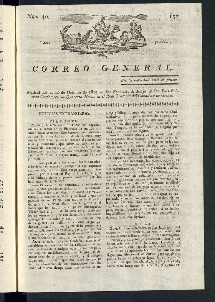 Miniatura de Correo General del 10 de octubre de 1814, nº 40