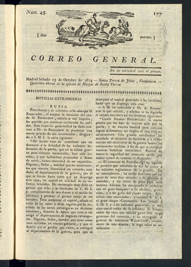 Miniatura de Correo General del 15 de octubre de 1814, nº 45