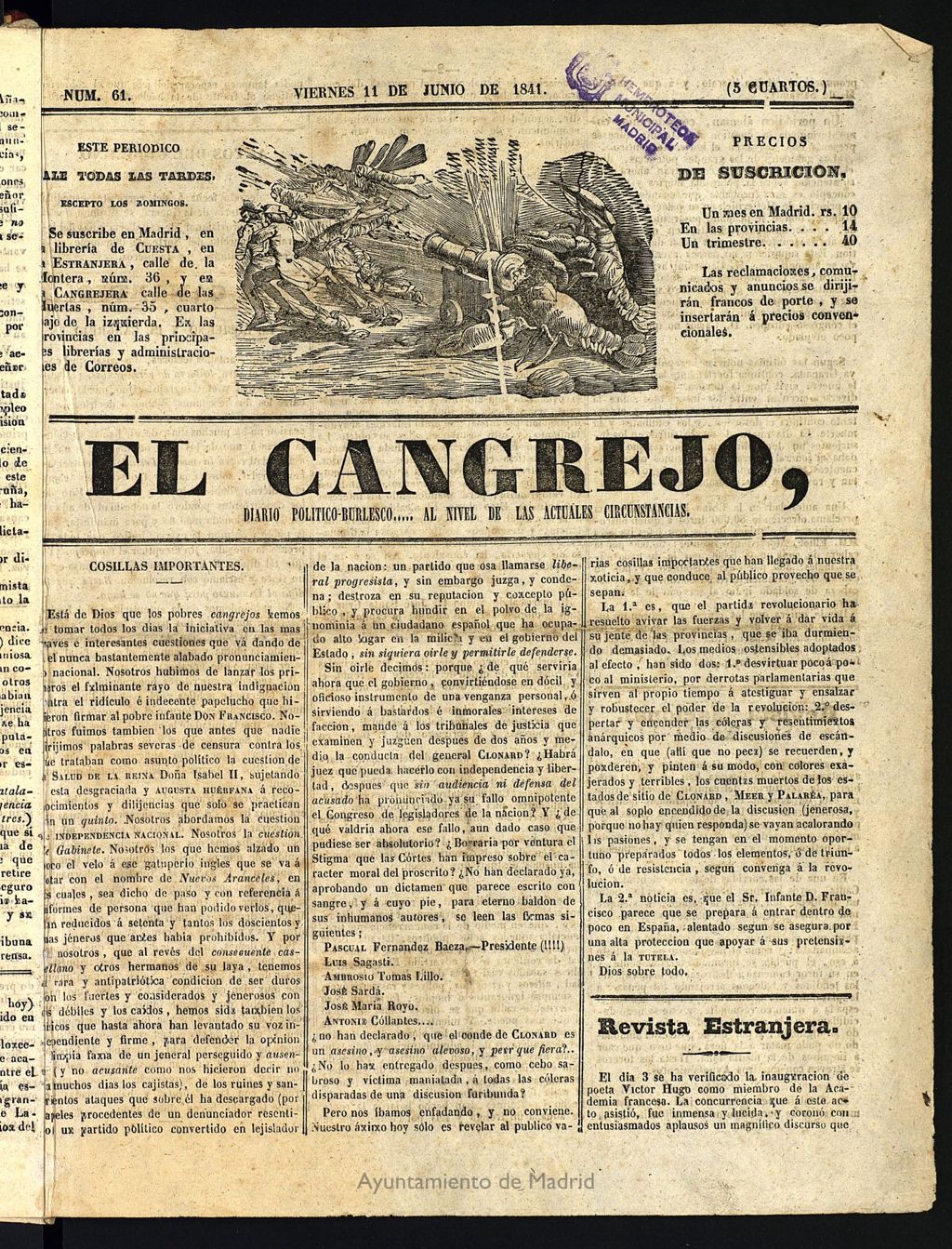 Miniatura de El Cangrejo: diario político burlesco del 11 de junio de 1841, nº 61