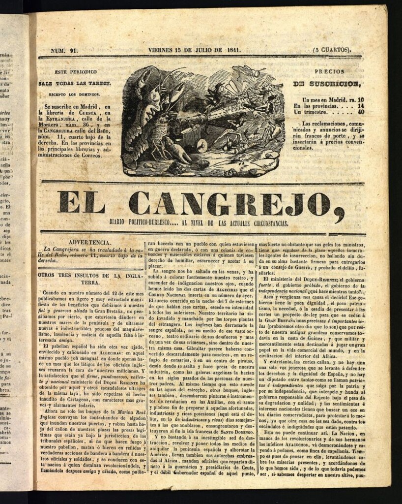Miniatura de El Cangrejo: diario político burlesco del 15 de julio de 1841, nº 91