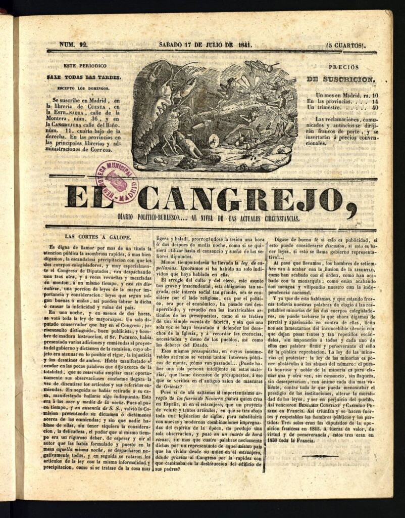 Miniatura de El Cangrejo: diario político burlesco del 17 de julio de 1841, nº 92