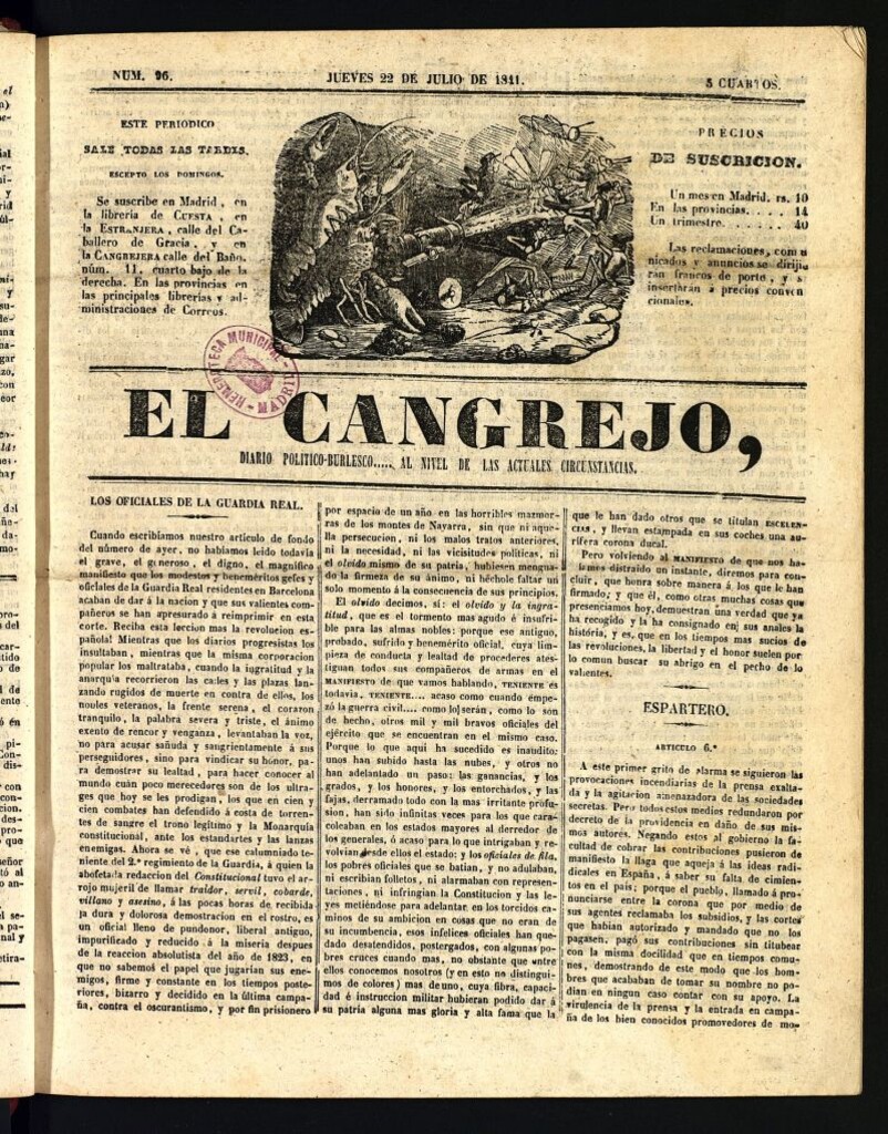 Miniatura de El Cangrejo: diario político burlesco del 22 de julio de 1841, nº 96