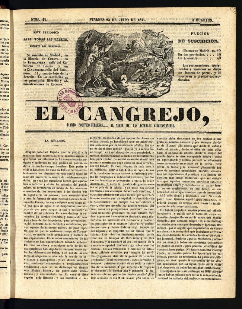 Miniatura de El Cangrejo: diario político burlesco del 23 de julio de 1841, nº 97