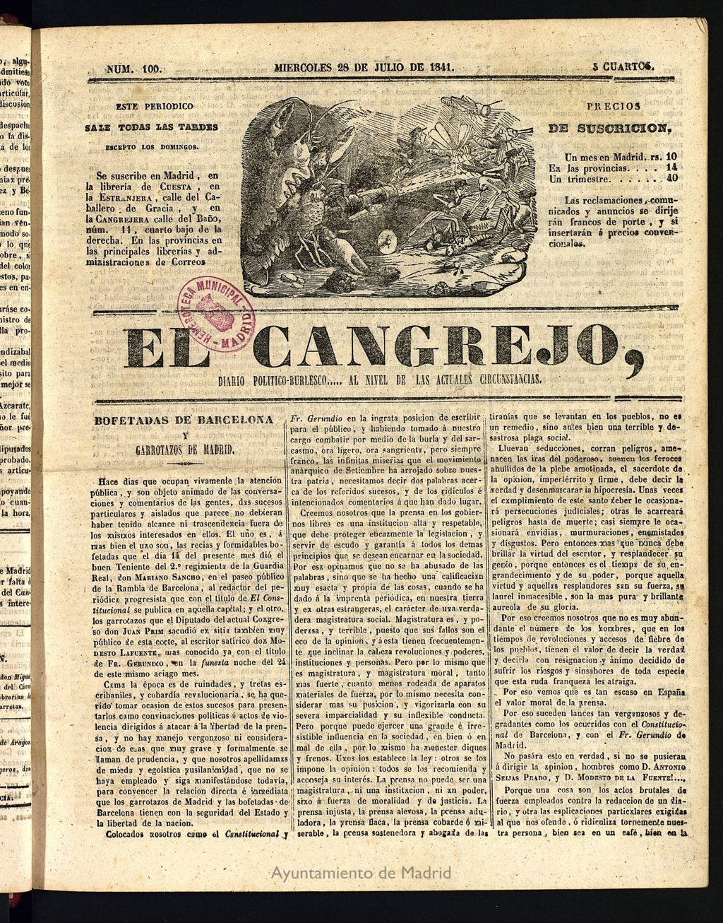 Miniatura de El Cangrejo: diario político burlesco del 28 de julio de 1841, nº 100